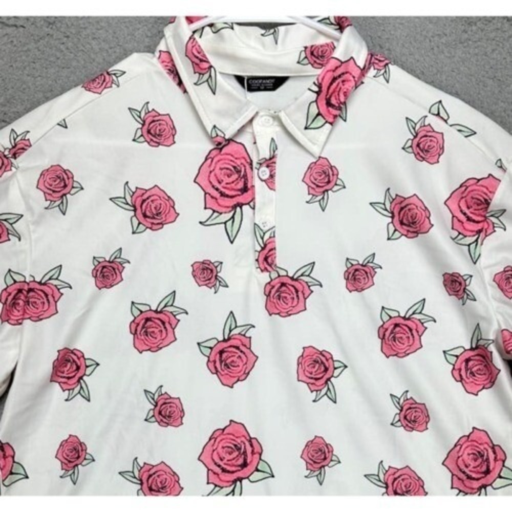 Coofandy Polo Shirt Mens Medium White Pink Rose Pattern Casual Stretch Rugby NEW